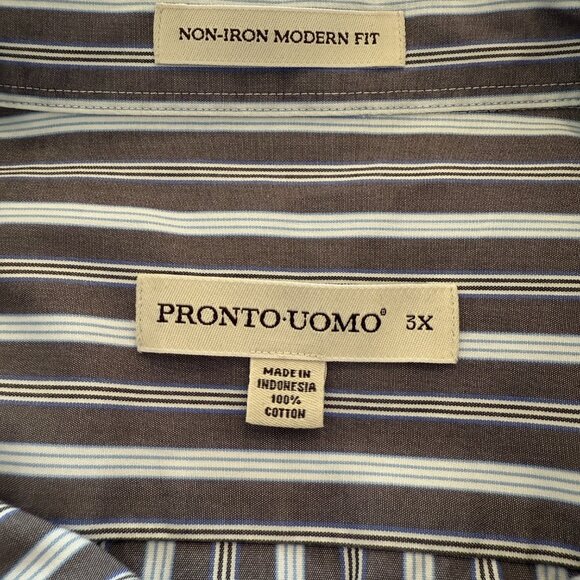 Pronto Uomo Non-Iron Button Up Shirt Mens Large Dark Navy Striped Long Sleeve - Picture 2 of 6